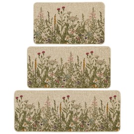 Artoid Mode Wildflower Spring Floral Kitchen Mats Set of 3, Flowers Summer Holiday Party Low-Profile Floor Mat for Home Kitchen - 17"x29"+17"x36"+17"x47"