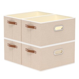 Yawinhe Collapsible Storage Box, Cube Storage Basket, Fabric Foldable Storage Bins Organizer Containers with Dual Leather Handles for Home Bedroom Closet Office,15.0 x 9.8 x 8.3 Inch, (Beige, 4-Pack)