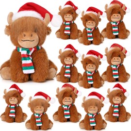 Blueweenly 12 Pcs Christmas Highland Cows Stuffed Animal, 6" Scottish Cow Plush, Realistic Highland Cattle Plush with Santa Hat and Scarf for Stocking Xmas Party Favor Ornaments Holiday Decor