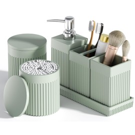 InnJoey Bathroom Accessories Set, 6-Piece Resin Green Bathroom Set with Toothbrush Holders, Soap Dispenser, Vanity Tray, Tumbler, Cotton Swab Jars, Modern Bathroom Organizer for Small Spaces