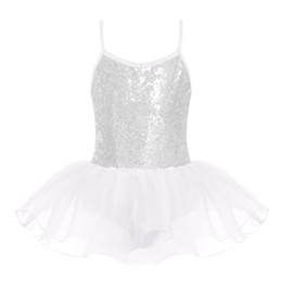 Zaclotre Little Girls Sequin Leotard Sparkly Strap Ballet Leotards Tutu Dress Ballerina Outfit Dance Costume for Kids White 8-9 Years