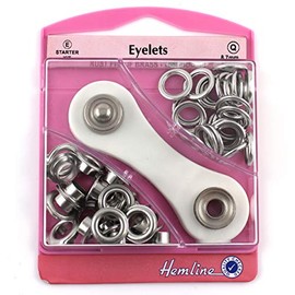 Hemline Silver Nickel Eyelet Starter Kit 8.7mm (24 sets) With Metal Grommet Eyelet Tool Washers Eyelets Hole Punch & Storage Case mm H438P.8.N