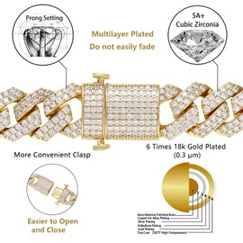 PY BLING Hip Hop Mens Full Iced Out 15mm 18K Golden/White Rose Golden Plated CZ Miami Cuban Link Chain Choker 18"-24" Necklace or 7.5"-8.5" Bracelet with Gift Box (18K,8.5)