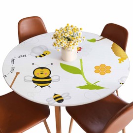Guxxuil Cartoon Bee Round Fitted Tablecloth Sweet Honey Blooming Flowers Leaves Tree Elastic Edge Tablecloth Waterproof Oilcloth Table Cover for 40"-44"