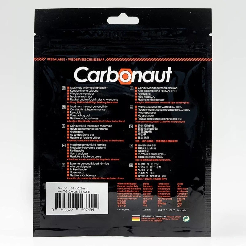 Thermal Grizzly Almohadilla Térmica De Carbono No Adhesiva 38 ×38×0,2
