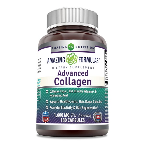 Amazing Formulas Advanced Collagen 1600mg Per Serving Supplement | Collagen Type I, II & III with Vitamin C & Hyaluronic Acid | Veggie Capsules (180 Count)