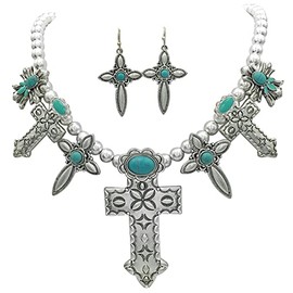Gypsy Jewels 7 Cross Western Style Simulated Turquoise Necklace & Earrings Set (Silver Tone)