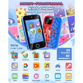 FKATEEN Kids Phone 3.5" Touchscreen, Pretend Smartphone with Dual Camera, Spider Toy Phone for Boys 3-8, Learning ABC & Habit Tracker, Birthday