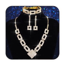 Aukmla Rhinestones Bridal Wedding Jewelry Sets Crystal Necklace Earrings Bracelet Set Prom Formal Jewelry for Women (Gold)