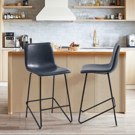Watson & Whitely Bar Stools, Faux Leather Upholstered Barstool with Back, Metal Legs in Matte Black, 26" H Seat Height, Set of 2, Blue