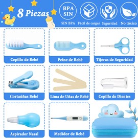 Kit de Cuidado de la Salud del Bebé,Set de Cuidado para Bebé,Set de cuidado del cabello y uñas para Cuidado Diario del Bebé y Viajes-8 Piezas (Azul)