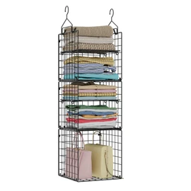 X-cosrack Hanging Closet Organizer and Storage - 5-Tier Closet Storage Organizer Baskets for Clothes & Adjustable Collapsible Metal Closet Hanging Organizer Shelves for Sweaters Shoes Handbags