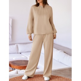 ZESICA Womens 2024 Fall Pajama sets Long Sleeve Tops Wide Leg Long Pants 2 Piece Outfits Lounge Sets with Pockets,Khaki,X-Large
