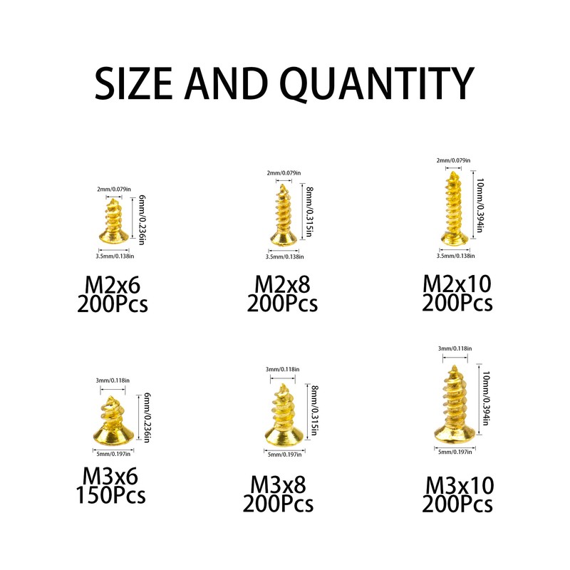 Rrina 1150Pcs M2 M3 Gold Plate Carbon Steel Small Screws