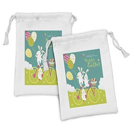 Lunarable Easter Fabric Pouch Set of 2, Bunnies on Bike with Balloons and Eggs on a Hill with Clouds Cartoon, Small Drawstring Bag for Toiletries Masks and Favors, 9" x 6", Teal Apple Green Magenta