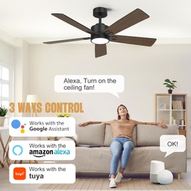 HYSZL 52 Inch Smart Ceiling Fan with Light, Outdoor Ceiling Fans for Patios, Quiet Reversible DC Fan Dimmable for Bedroom Living Room Covered Porch, 2 Sets of 5 Blades (Black/Walnut & Gray/Tan)