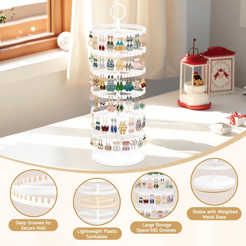 MODOWEY 6 Tier Rotating Earring Holder Organizer, Adjustable Metal &