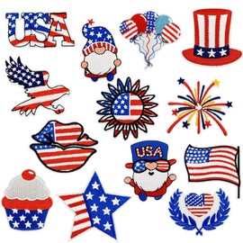13Pcs 4th of July Iron on Patches Patriotic Independence Day American Flag Dwarf Sew Iron on Repair Embroidered Applique USA DIY Craft Gift for Memorial Day Veterans Day Clothes Jacket Hat Supplies