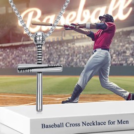 KXJ Baseball Cross Necklaces for Men Sports Stainless Steel Baseball Bats Pendant Necklaces for Men Dad Brother Boyfriend Son Birthday Anniversary Graduation
