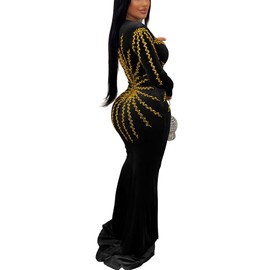 PORRCEY Women's Sexy Elegant Rhinestone Long Sleeve Velvet Maxi Dress Party Club Evening Dress(6827,Gold,XXL)