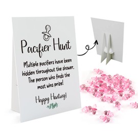Baby Pacifier Hunt Baby Shower Games, Gender Reveal Game, 8×10 Sign and 50 Mini Acrylic Pacifier, Favorite Adults Kids Games for Baby Shower Activities, Gender Neutral Boy and Girl BPH01