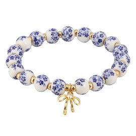 HJGPL 5 Pieces Multilayer Pearl Beaded Bow Bracelet Blue and White Porcelain Gold Silver Beads friendship bracelet set for women (Gold Bow Bracelet)