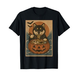 Funny Spooky Shiba Inu Pumpkin Japanese Ramen Noodles T-Shirt