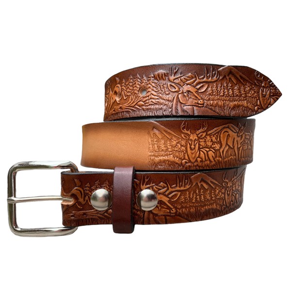 High Springs Leather Kid Brown Leather Name Belt Embossed Deer