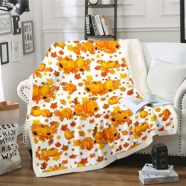 Homewish Autumn Pumpkin Blanket, Autumn Maple Leaves Blanket, Thanksgiving Throw,