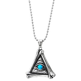 COOLSTEELANDBEYOND Vintage Protective Evil Eye Hand Skeleton Bone Triangle Pendant Resin Turquoise Men Women Stainless Steel Necklace, Stainless steel, metal, Non-applicable