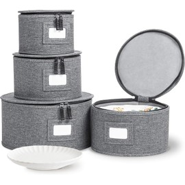 storageLAB China Storage Containers, Hard Shell Case with Felt Dividers for Charger Plates, and Dishes, Ideal for Kitchen Organization, Moving Supplies, and Fine China Storage - 4-Piece Set, Gray