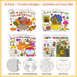 GMEMNOV Thanksgiving Coloring Placemats for Family - 16Pack Turkey Paper Table Placemats Happy Thanksgiving Disposable Place Mat Fall Harvest Thanks Giving Activities Arts and Crafts for Party Favor