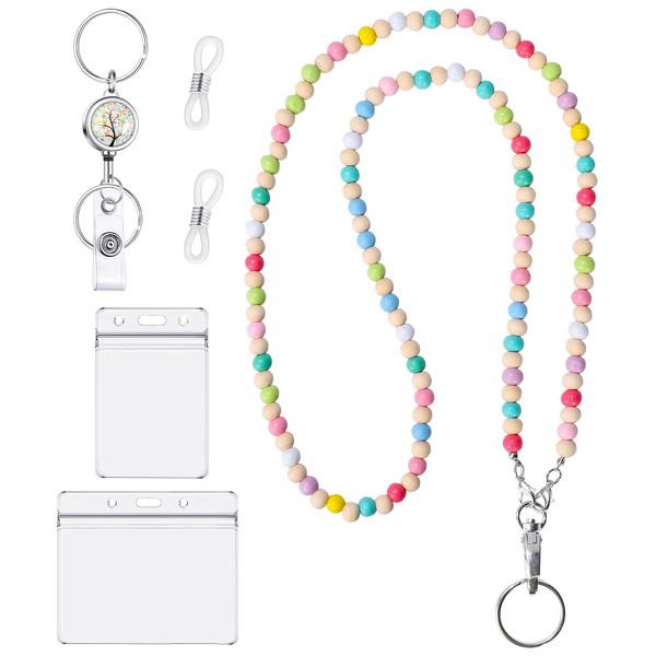 BESARME Teacher Lanyard with ID Holder Colorful Cute Wooden Beaded