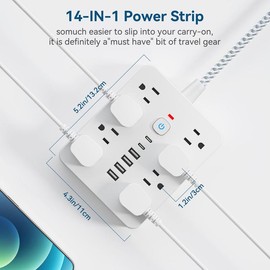 Power Strip with 5FT/10FT Extension Cord, Multi-plug Power Strip with 4 USB Ports & 2 Type-C & 8 AC Outlets, Power Strip for Home, Office, Travel, Men Gifts - Color: White, Specification: Cord Length :1.5M/5FT