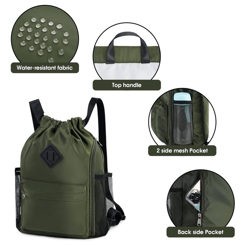 WANDF Drawstring Backpack Sports Bag with Shoe Compartment Water Resistant