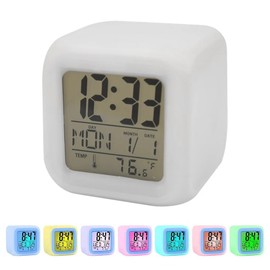 BUBUCAM Digital LED Color Change Alarm Clock, Multi-Functional Calendar Temperature Display, Mute Students Wake Up Alarm Clock with 7 Color Nightlight for Bedroom