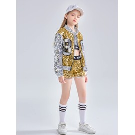 LOLANTA 4 Pieces Girls Hip Hop Dance Costume Kids Sequins Jazz Dance Clothing Set Socks Attached 4-15 Years, gold