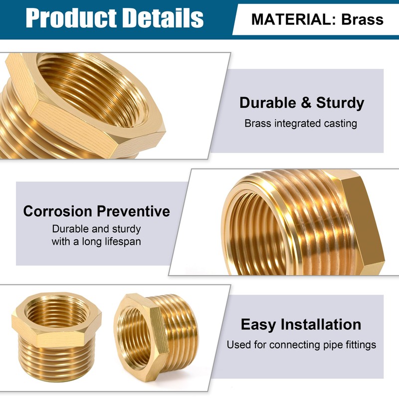 Brass Reducer, 1/2 Inch Male Thread x 3/8 Inch Female