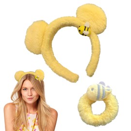 Yellow Plush Bear Ears Headband and Hair Ties - Bee Ears Headband Adult The Pooh Ears Headband Adult Bear Headband Fashion Headbands for Women Ponytail Holders Cute Costume Accessories for Kids Adults