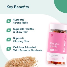 Bettervits Hair, Skin & Nails Gummies | Glowing Skin | Strong, Healthy Hair & Nails | Strawberry Flavour