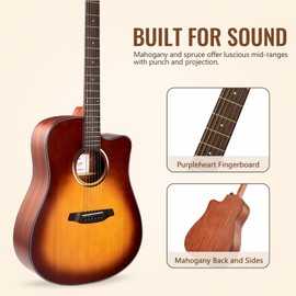 GAOMON 41" Acoustic Guitar for Beginner Adult Teen Full Size Steel Acustica Guitarra with Gig Bag, Tuner, Strap, Strings, Picks, Capos, Cutaway, Right Hand,Sunburst