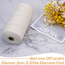 LEREATI Natural Macrame Yarn, 2 mm x 200 m, Simple Twisted Cotton Cord, Cotton Cord, Macrame Yarn for Macrame Wall Hanging, Hanging Plant, Curtain, Wedding Arch Decoration