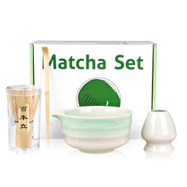 Matcha Set, AZ GOGO 4-Piece Premium Matcha Set Including Matcha Bowl with Pourer, Chasen (Bamboo Whisk), Chasen Holder & Matcha Spoon | Traditional Matcha Tea Accessories