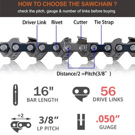 3 Pack Chainsaw Chain for 16 Inch (40cm) Bar, 56 Drive Links, 3/8" LP Pitch, 0.050" Gauge, Replacement Chain fits for Oregon Titan TTL758CHN, Einhell GH-EC 2040, McCulloch, Black & Decker Chainsaws