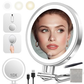 Rocollos Travel Makeup Mirror with Lights, 3000mAh Rechargeable LED Compact Mirror 1X/10X Magnification, Stepless Dimming Touch Table Mirror 3 Color Lights 3 in 1 Handheld Hanging Desktop Mirror