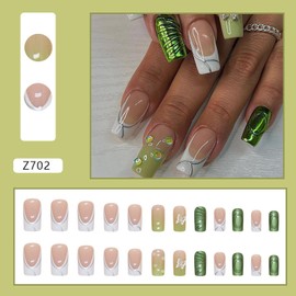 Medium Coffin Shape Press on Nail,French Tip Stereoscopic Butterfly Rhinestone Design Fake Nail,Silver Lines False Nail with Glue on Nail,Glossy Green Full Cover Stick on Nail Reusable Artificial Nail