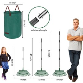 5-in-1 Garden Metal Leaf Rake Tool Set – Adjustable Rake for Leaves, 2 Pack 32 Gallon Leaf Bags, Leaf Grabbers & Work Gloves for Yard Cleanup, Lawn Care Tidying & Outdoor Camping Gardening