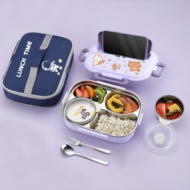 Kaseo Bento box for kids/adults, 304 Stainless steel insulated 4 compartments lunch box with Soup Bowl, Thermal bag, Spoon and folk, Leak proof, Microwavable, Dishwasher safe, 5 colors (Purple)