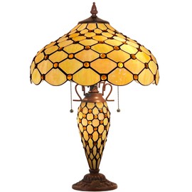 Capulina Tiffany Table Lamp 3-Light with Nightlight 16X16X25 Inches Amber Beads Style Stained Glass Mother-Daughter Vase Desk Light for Home Office Living Room Bedroom