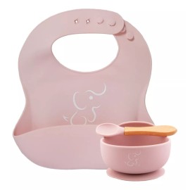 Papu Baby Set Papubaby De Babero, Bowl Y Cuchara De Silicón Para Bebés Color Rosa Pastel